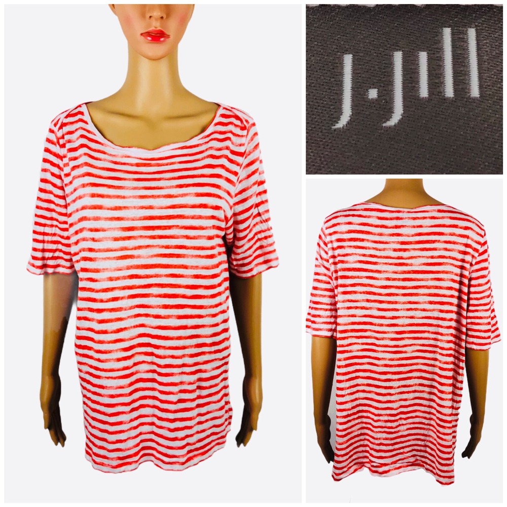 J Jill Womens Large Top T Shirt Red Striped Short Sleeve 100% Linen Textured EUC